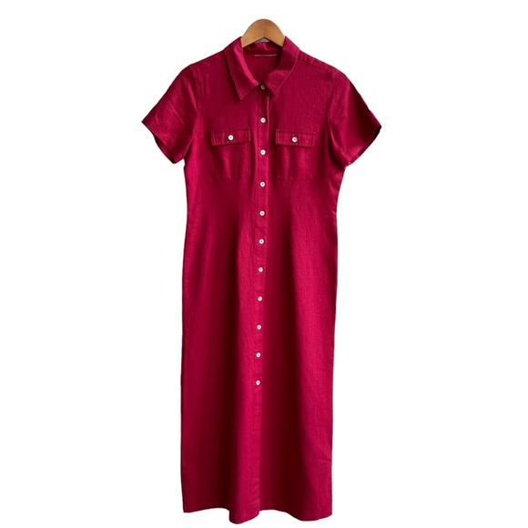 Vintage Womens Red Maroon Linen Blend Buttons Down Short Sleeve Maxi Dress Sz. M - Picture 14 of 14